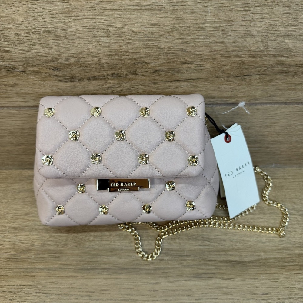 Ted Baker Ginn Quilted Leather Mini Crossbody Bag Rose Stud Soft Pink Chain